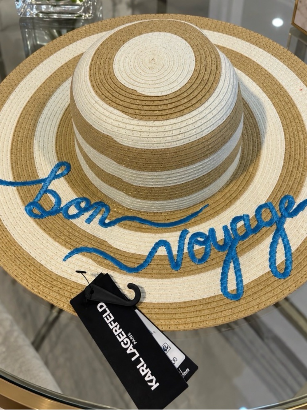 Karl Lagerfeld Striped Straw Sun Hat with Blue 'Bon Voyage' Embroidery